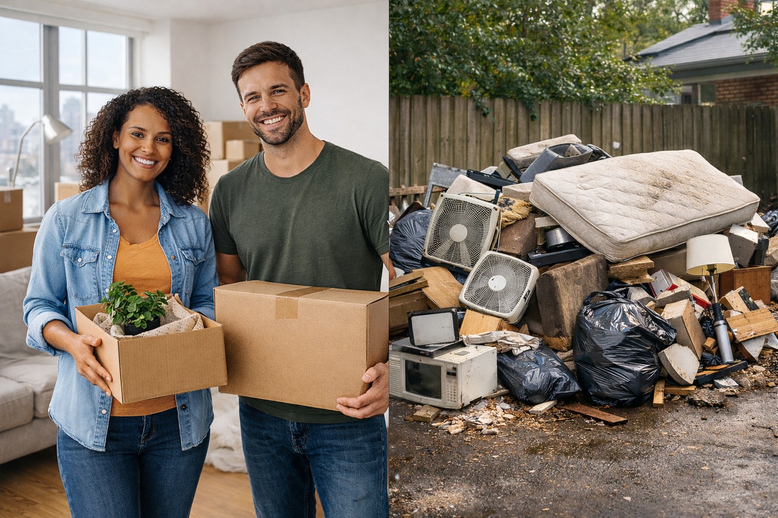 Couple carrying boxes next to junk removal pile